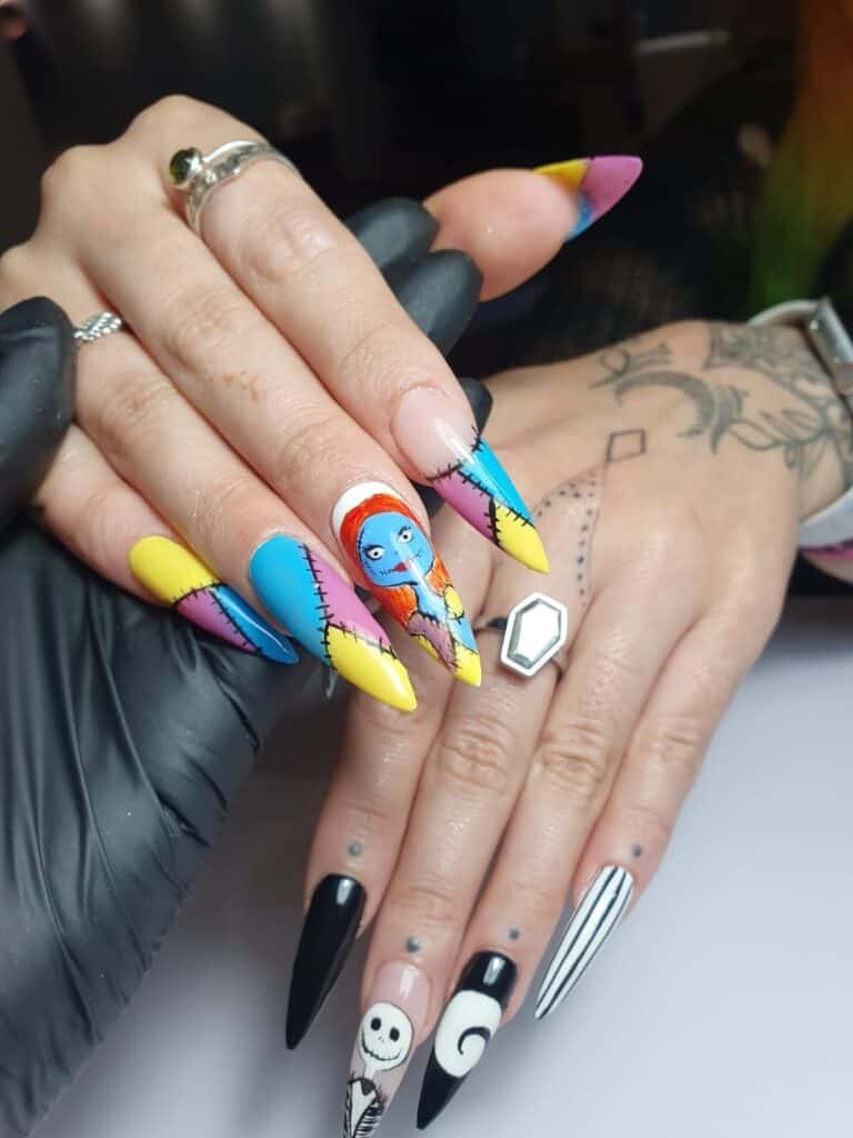 Nightmare Before Christmas-inspired colourful stiletto nail art