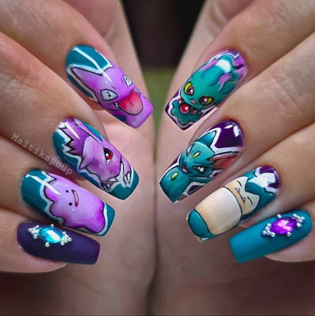 Teal and purple Pokémon character nail art