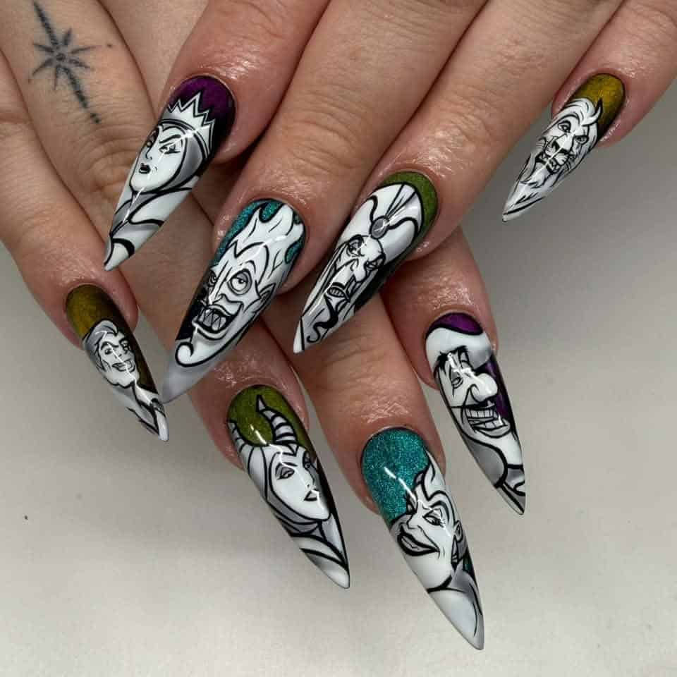 Long stiletto nails with hand-painted Disney villain portraits