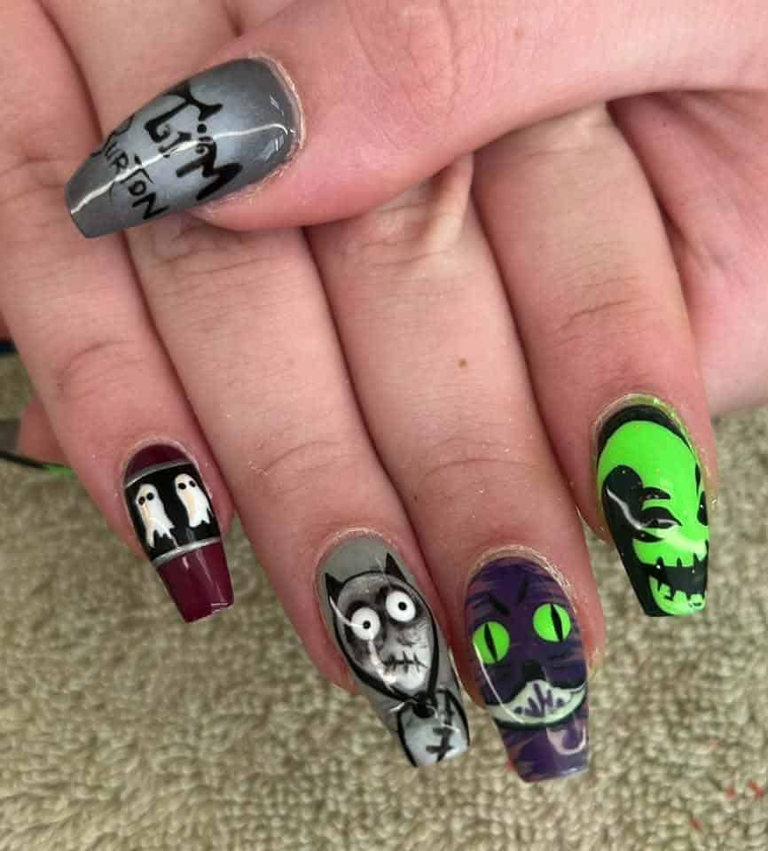 Halloween-themed nail art featuring ghosts, monsters and skeletons