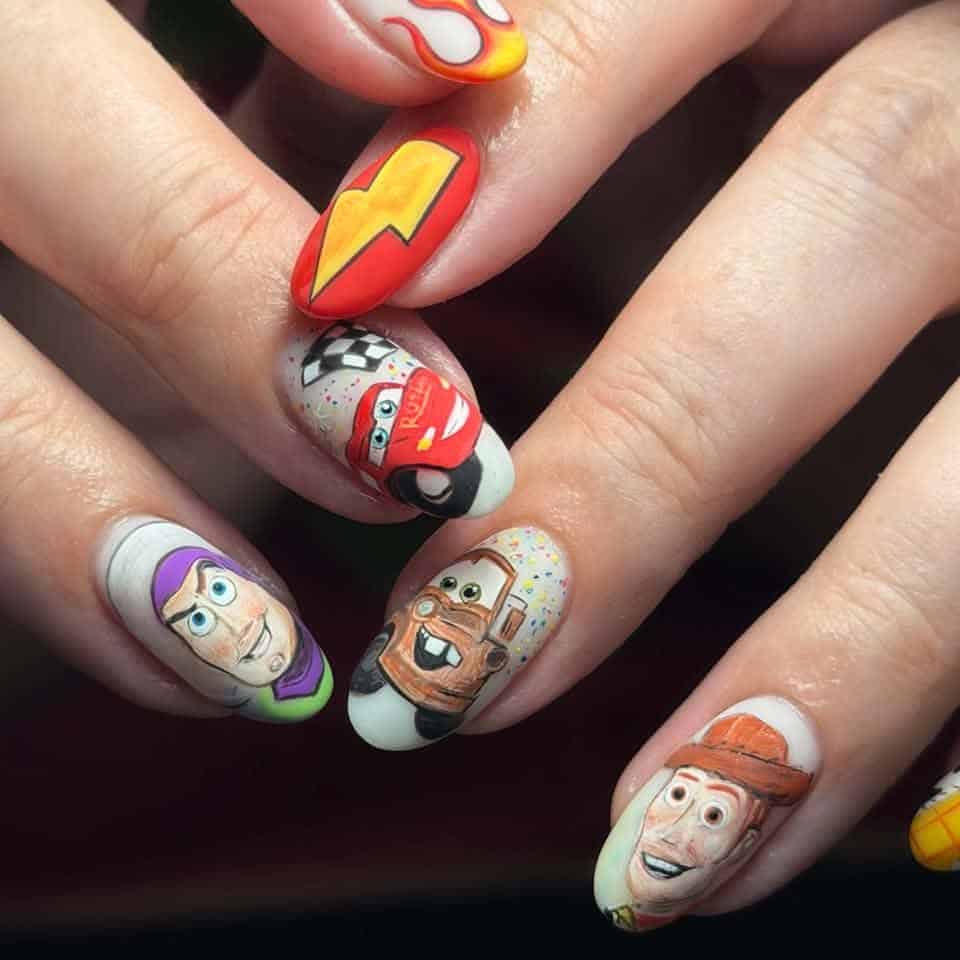 Toy Story character nail art on hands