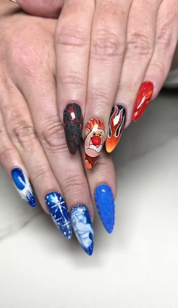Hand with red and blue villain-themed nail art