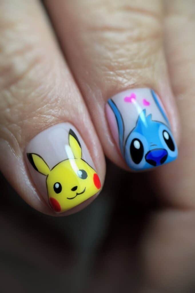 Pikachu and Stitch character nail art close-up