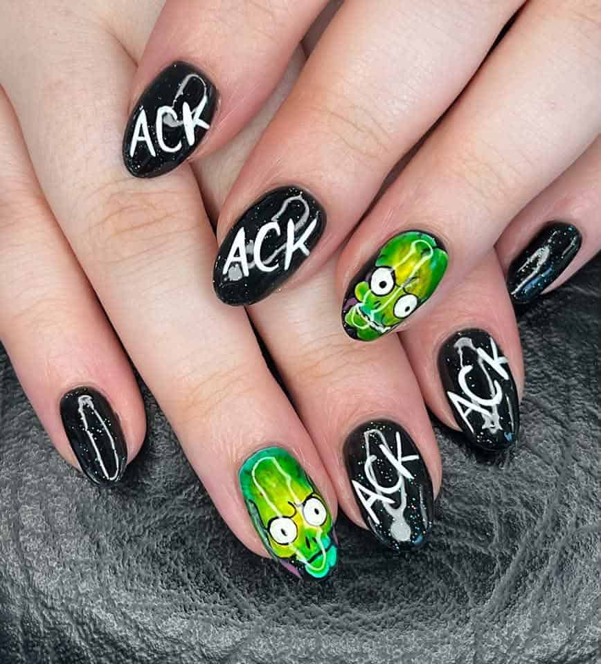 Black and green novelty nail art with rude lettering