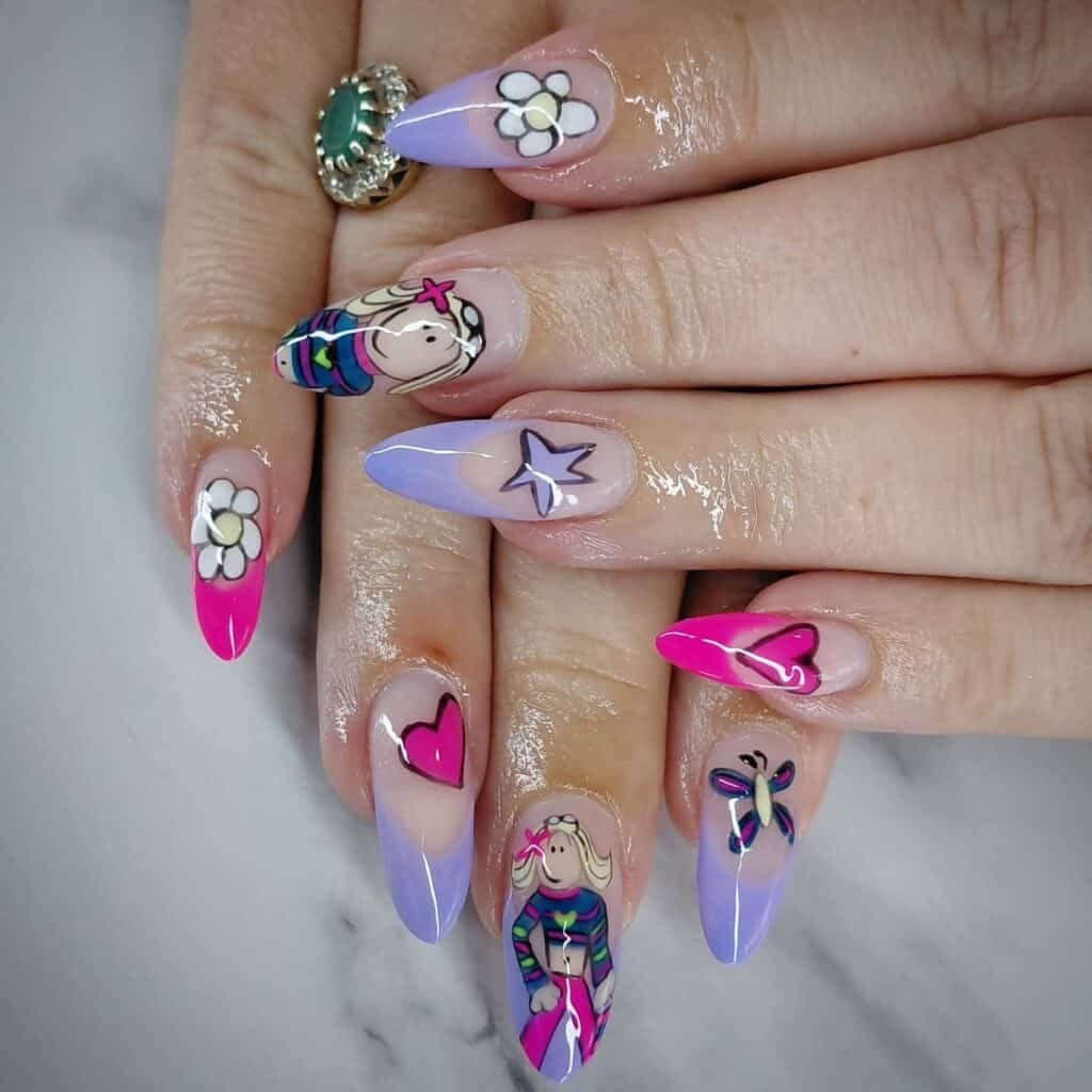 Colourful long nails with cartoon girls, flowers and butterflies
