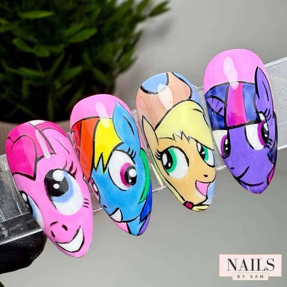 Colourful My Little Pony character nail art designs