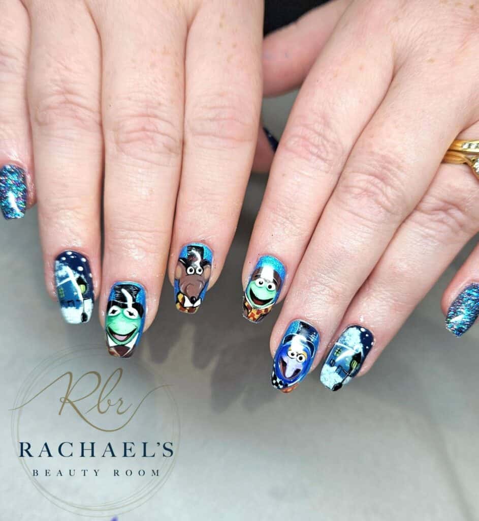 Colourful character nail art on hands with glitter accents