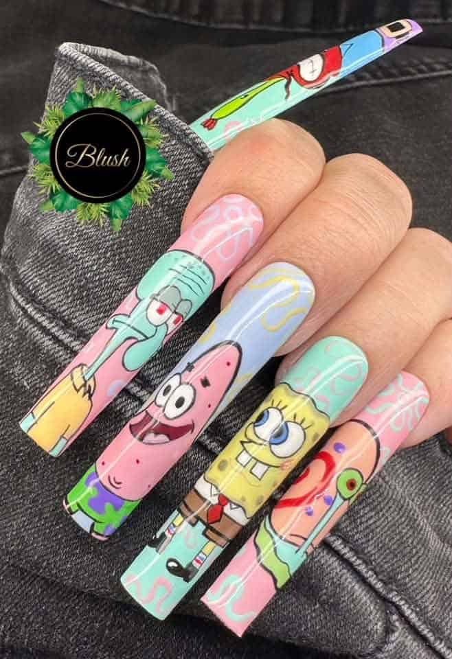Long acrylic nails featuring colourful SpongeBob cartoon characters