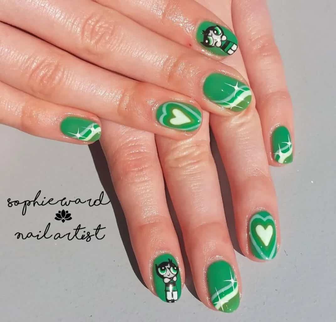 Green Powerpuff Girls nail art with white heart designs