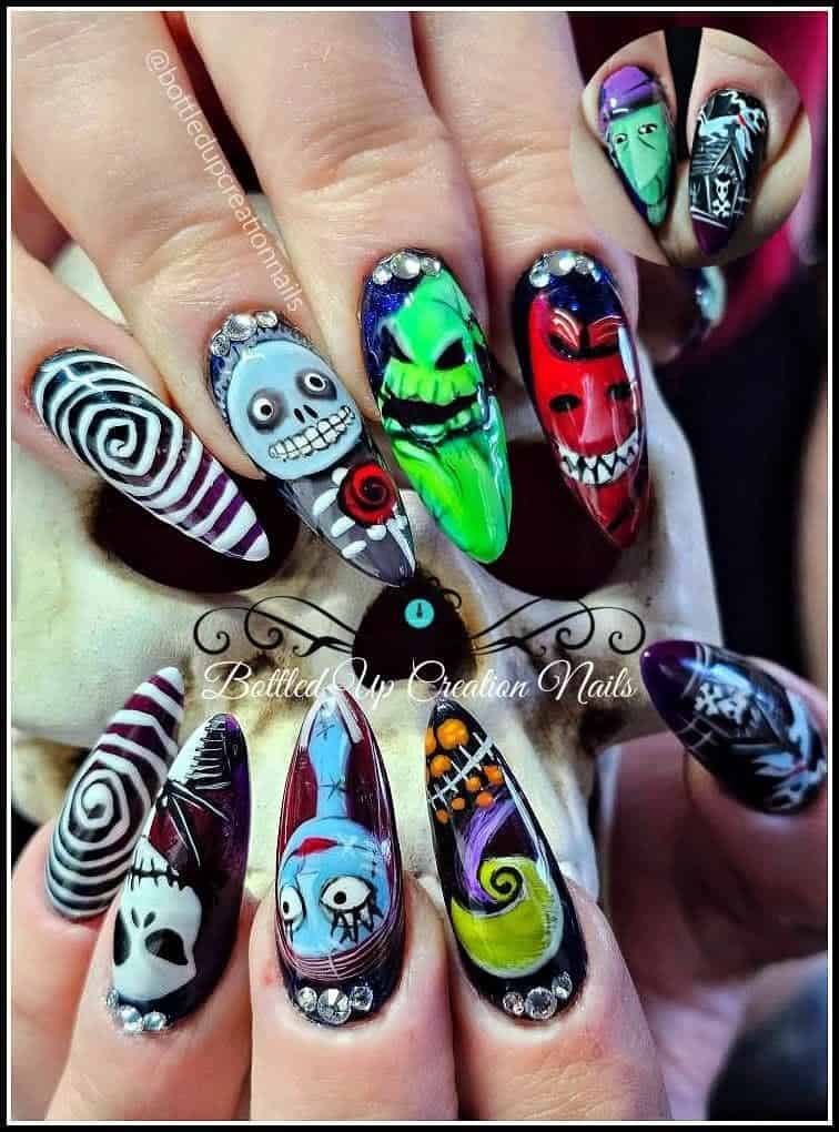 Nightmare Before Christmas themed nail art with rhinestones