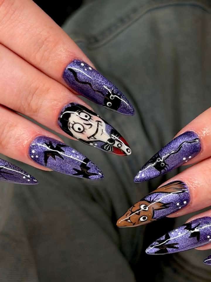 Purple glitter nails featuring Harry Potter character artwork