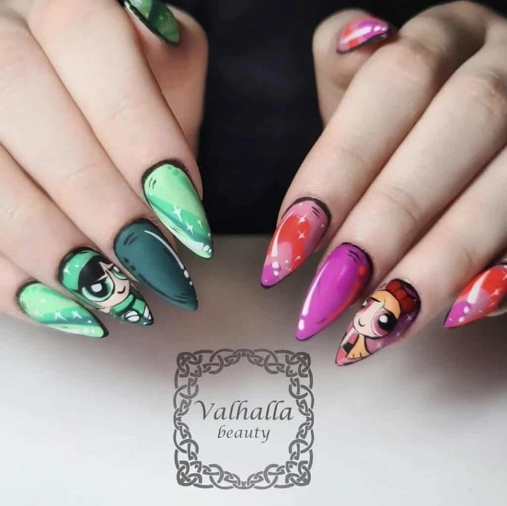 Colourful Powerpuff Girls-inspired stiletto nail art