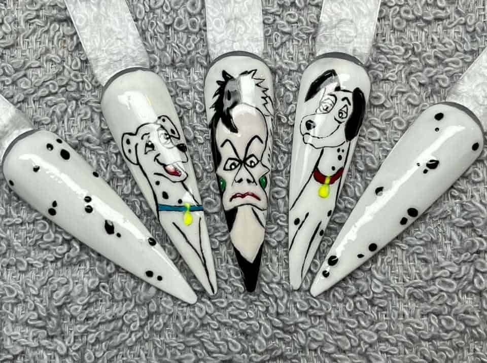 Cruella de Vil and Dalmatian themed nail art