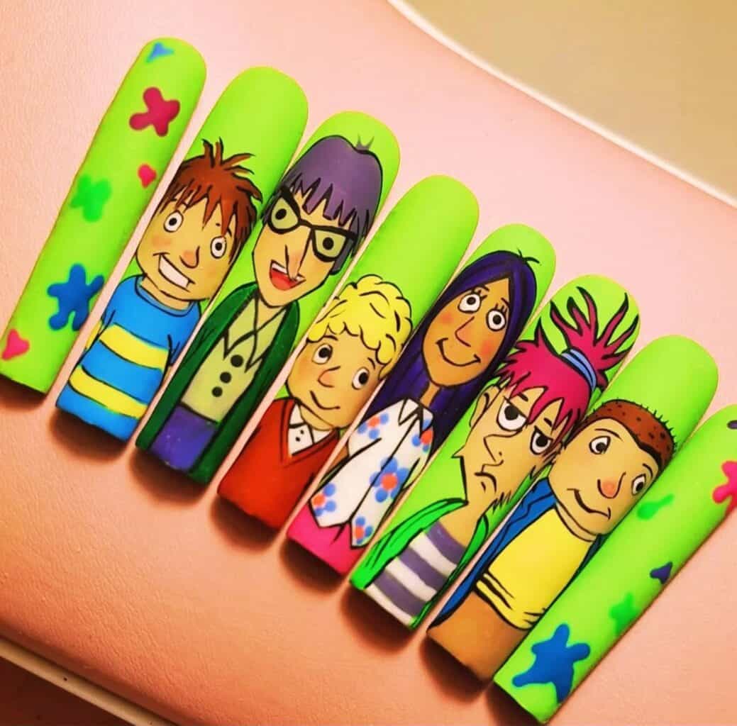 Neon green nails featuring colourful cartoon character portraits
