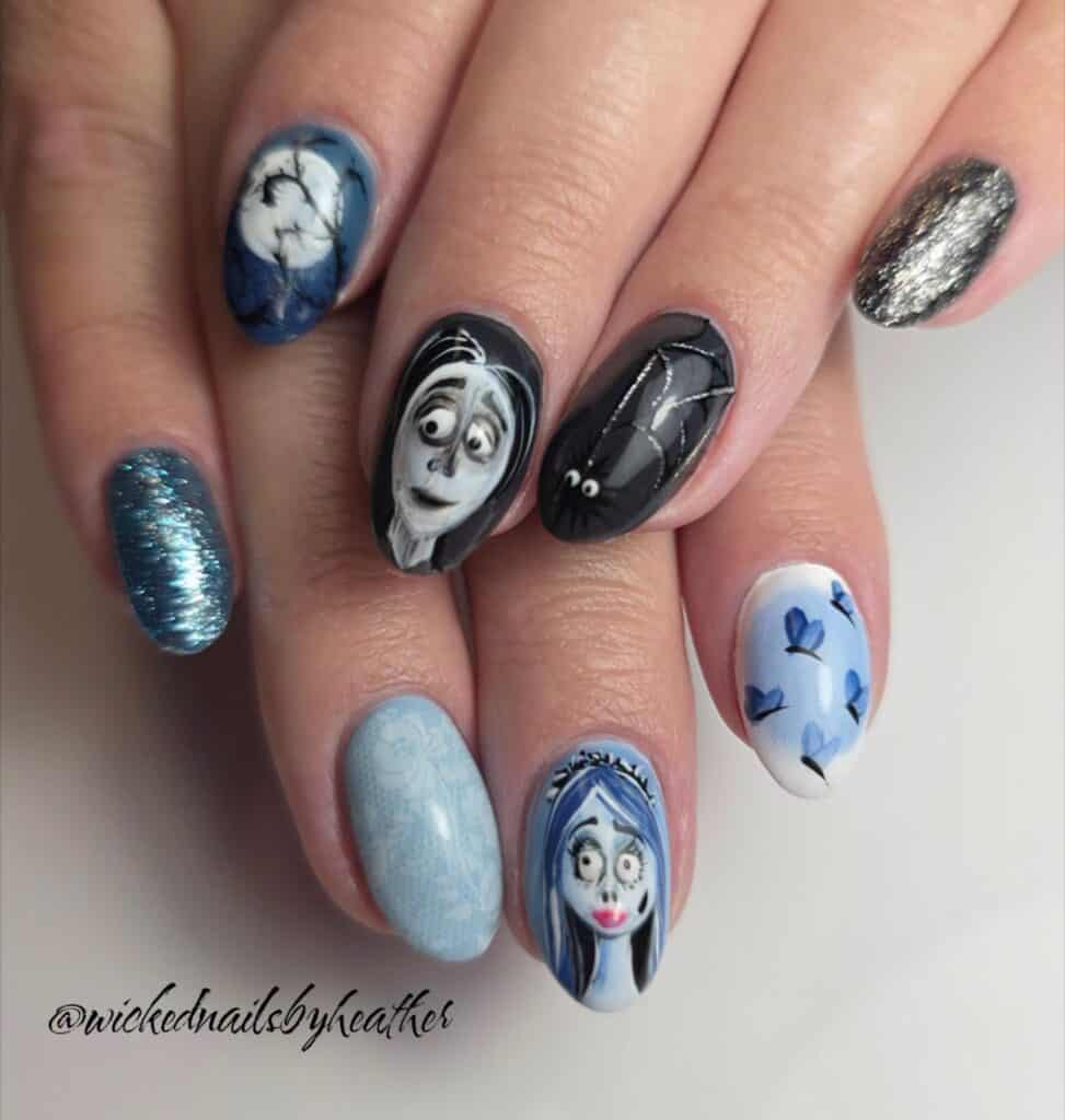 Corpse Bride themed blue, black and silver nail art