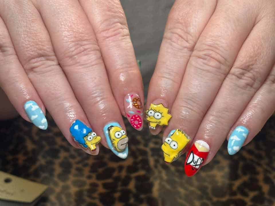 Simpsons character nail art on colourful acrylic nails