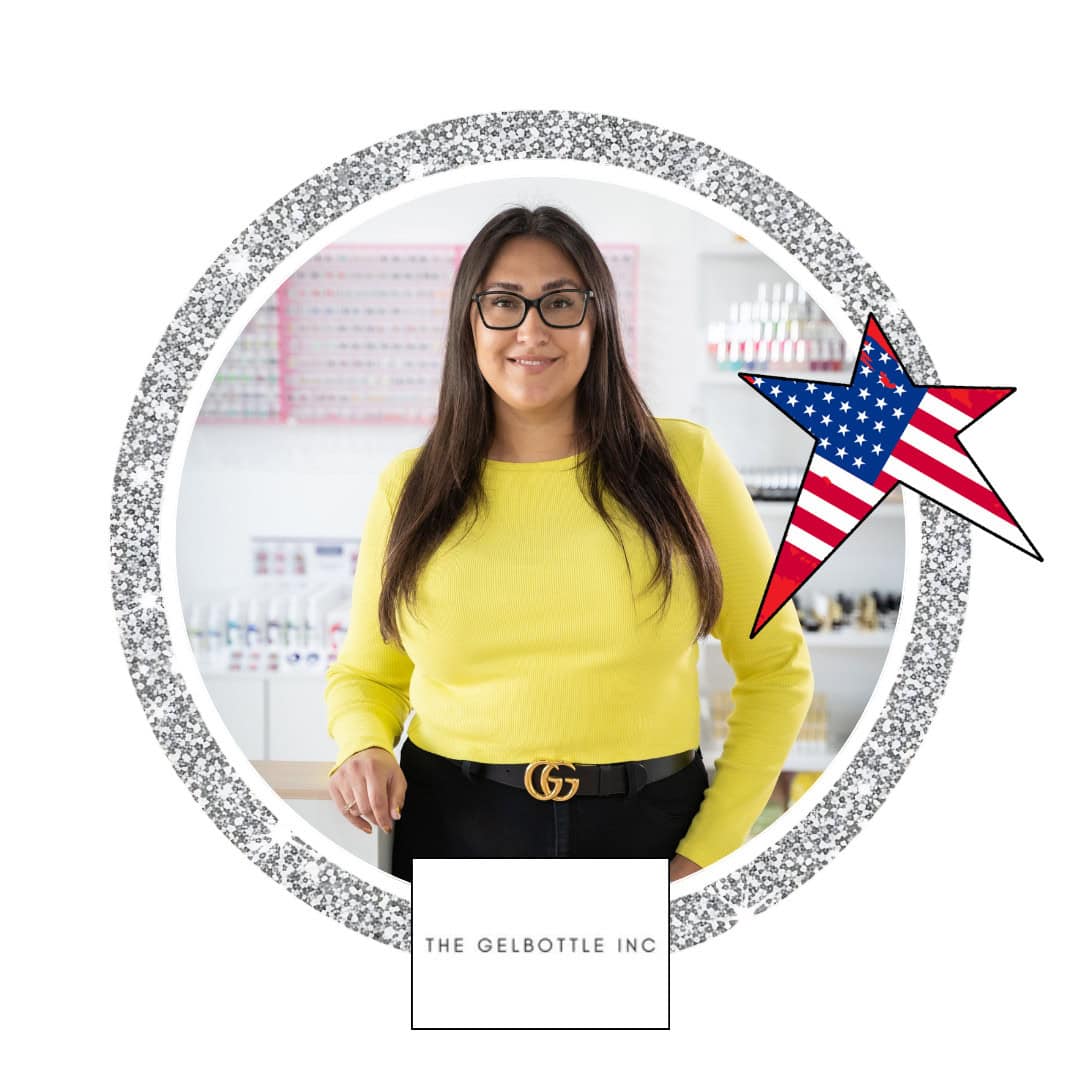 Woman in yellow top with American flag star graphic