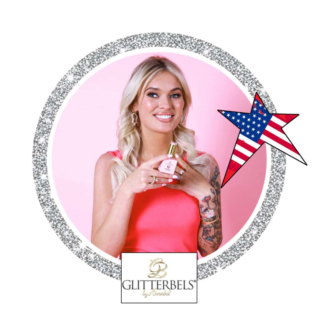 Woman holding Glitterbels product beside American flag star