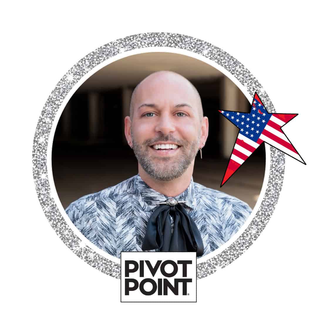 Smiling man in patterned shirt with patriotic star graphic