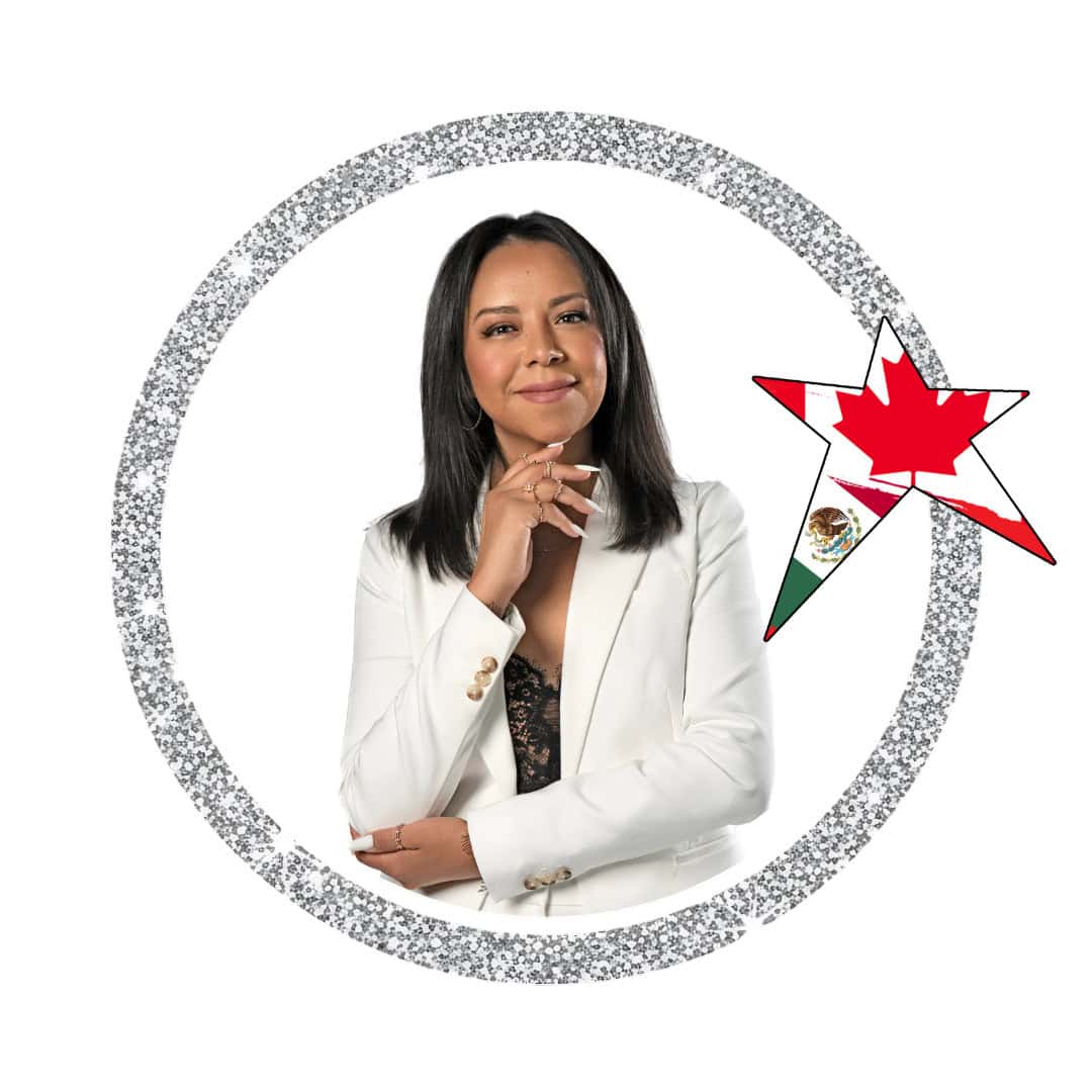 Woman in white blazer with Canada and Mexico flag star