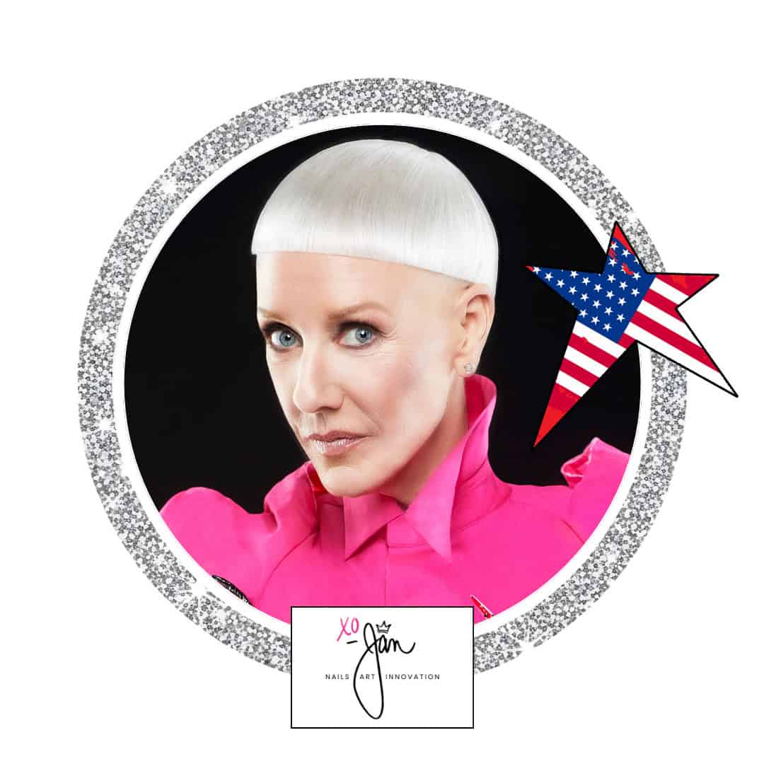 Portrait of woman with white fringe and American flag star