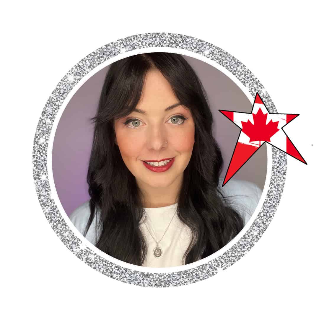 Portrait of smiling woman with Canadian maple leaf star