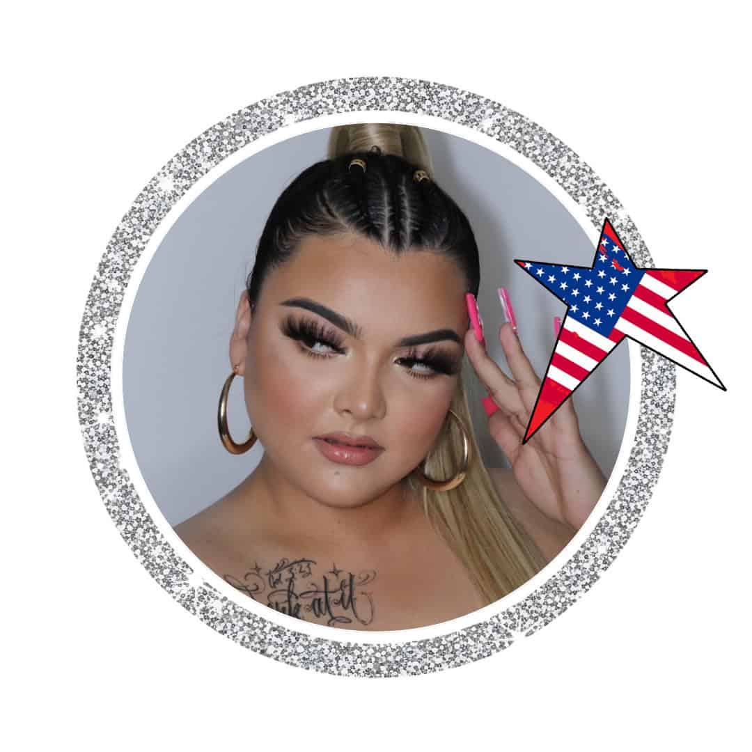 Glamorous woman framed by glitter border and American flag star