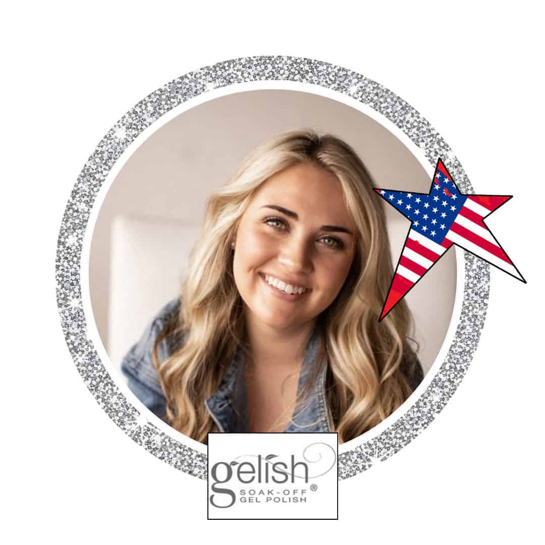 Smiling blonde woman in glitter frame with American flag star