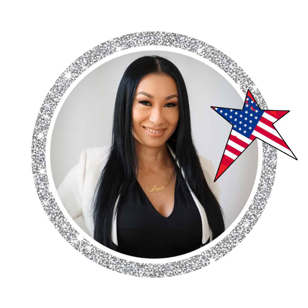 Portrait of smiling woman with American flag star graphic