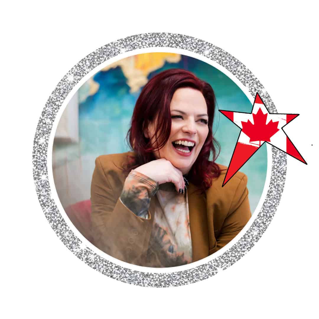 Laughing red-haired woman framed by glitter circle and Canadian star