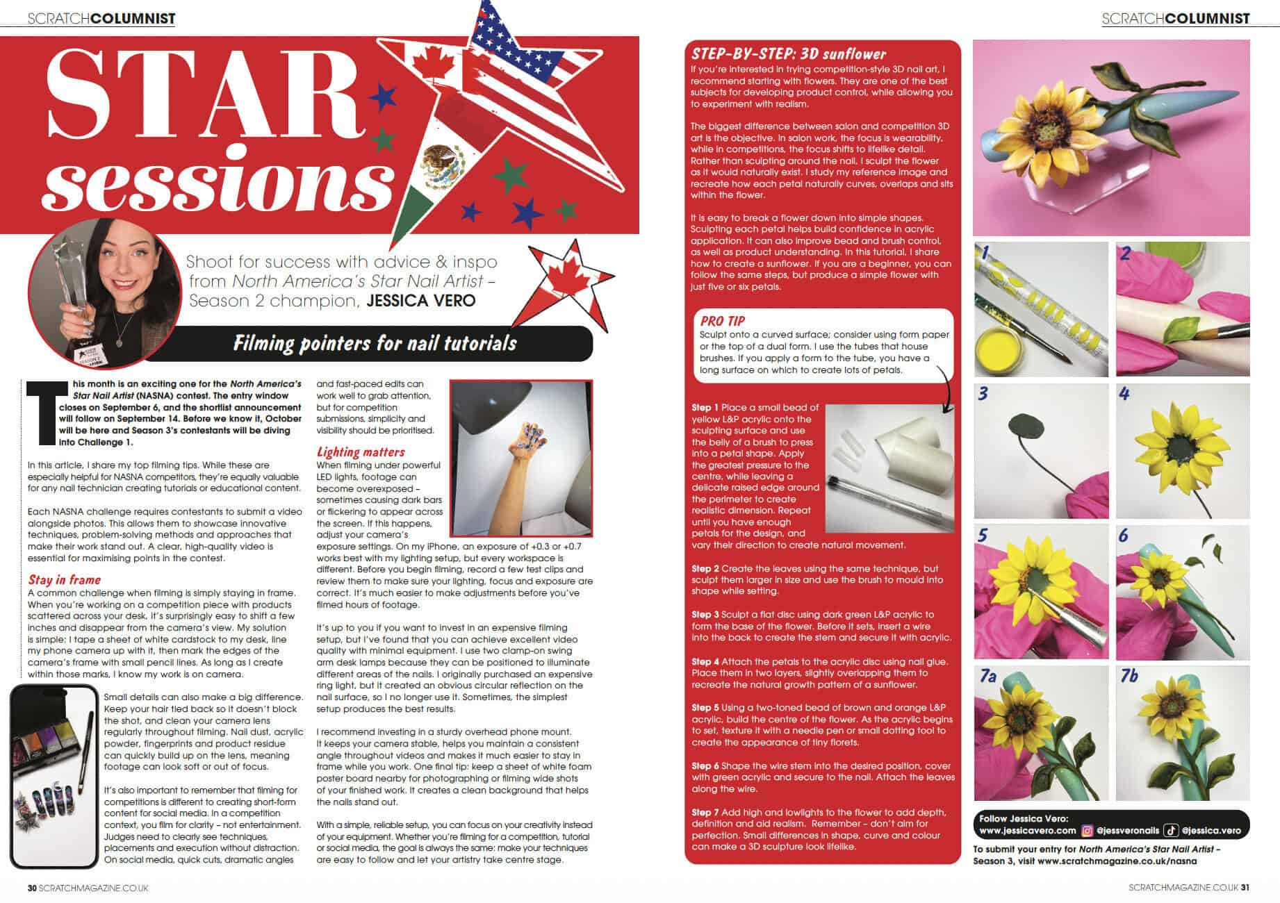 Magazine spread featuring 3D sunflower nail art tutorial